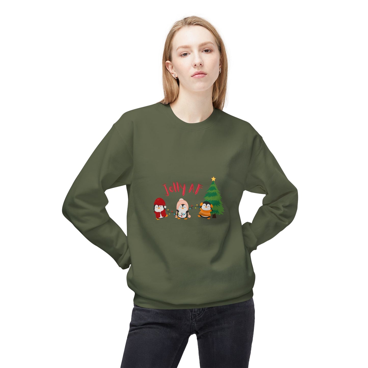 Jolly AF - Christmas Sweater - Fleece Crewneck Sweatshirt - Her Collective