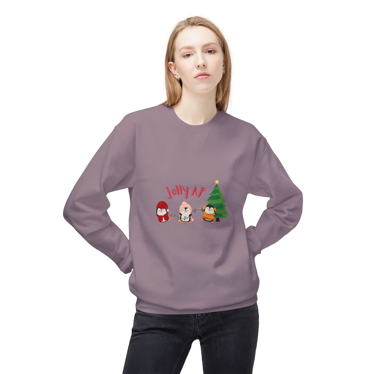 Jolly AF - Christmas Sweater - Fleece Crewneck Sweatshirt - Her Collective