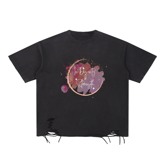 Faith Based  Apparel,Snow Washed,Women's Graphic T-Shirt,100% Cotton,Comfortable Fit,Summer Style,Proverbs 31:25,Affordable Clothing,Raw Hem T-Shirt,Black T-Shirt