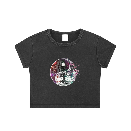 Womens' Fashion,Spirituality,Duality,Tree of Life,Yin-Yang,Crop Top,Thin Fit,Snow Washed Crop Top,Daily Casual,AI Design